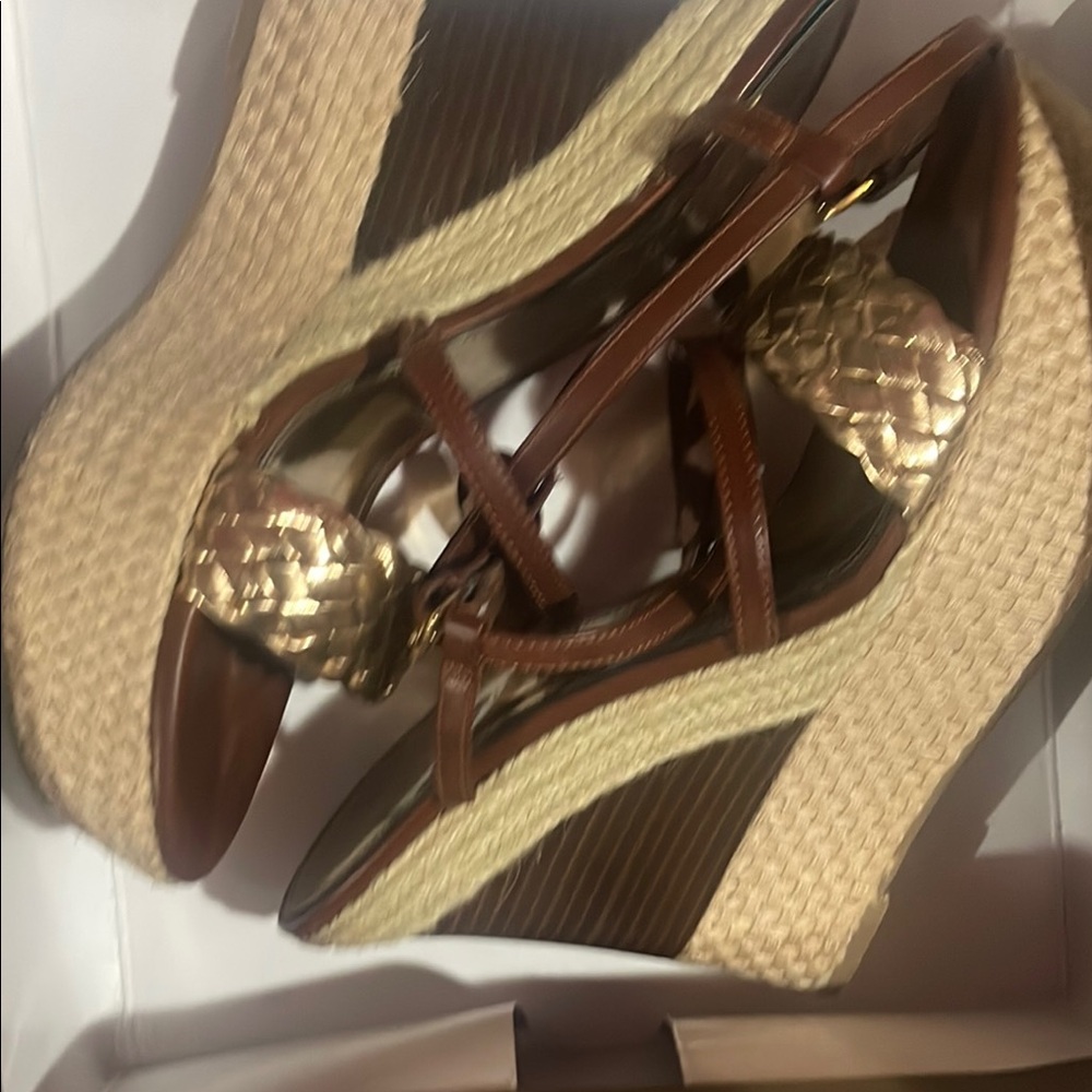 Elegant Brown and Gold Wedge Sandals